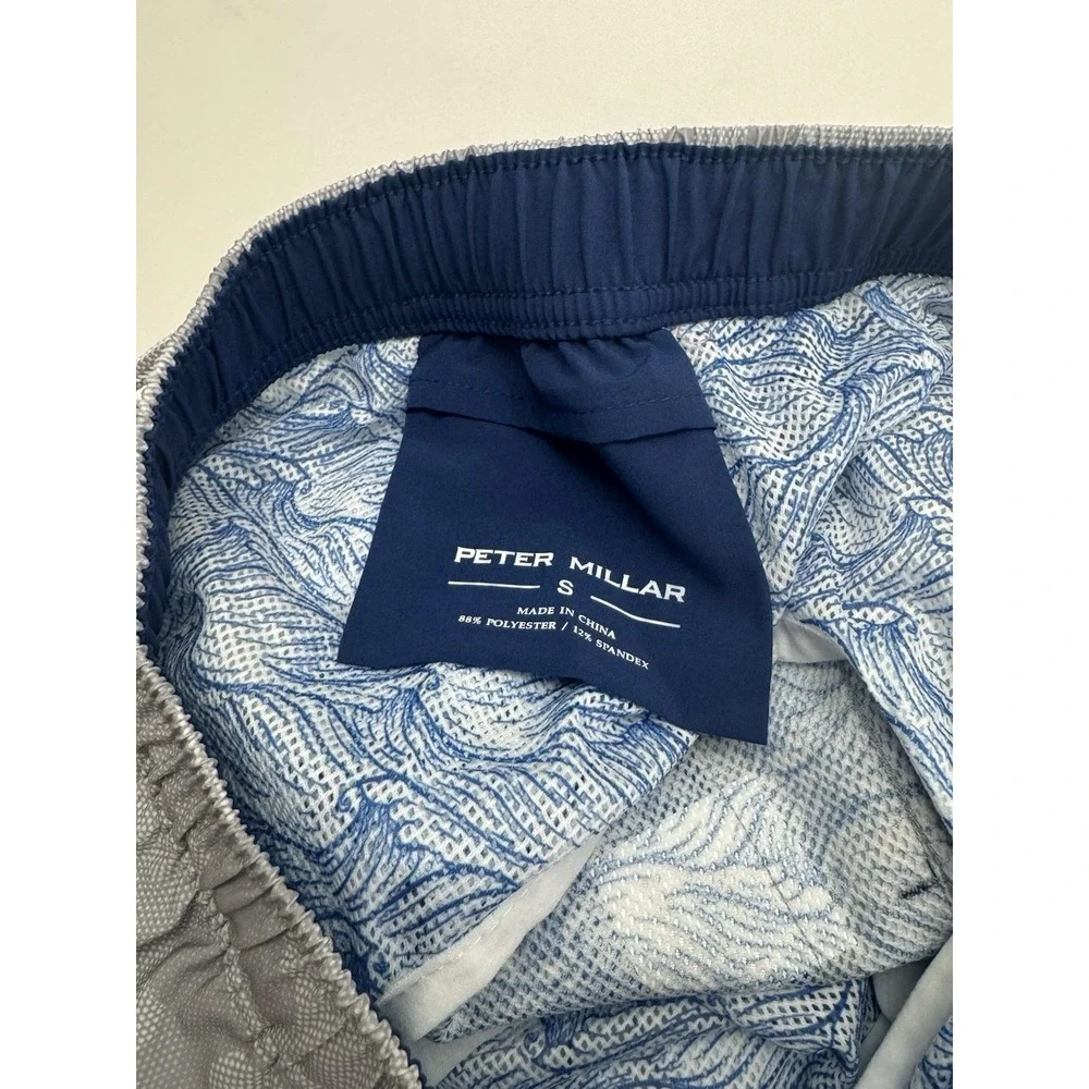 NWT Peter Millar Seaside Gray Camo & Logo Print Swim Trunks W/Koozie SMALL‎ $100